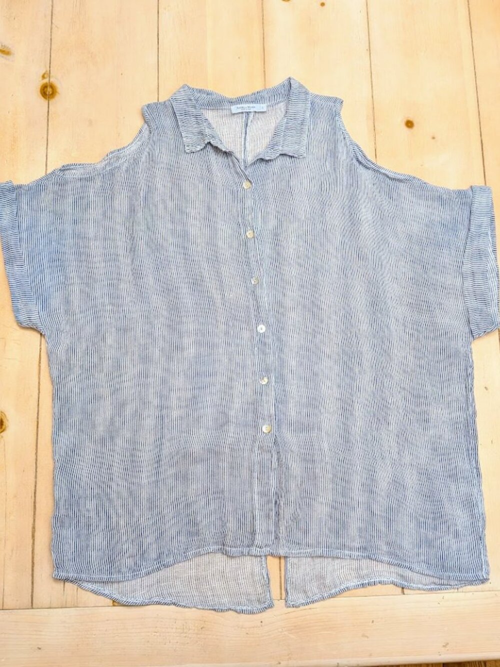 Angela Mara Italy 100% Linen Striped Button Front Blouse Women's L Blue White
